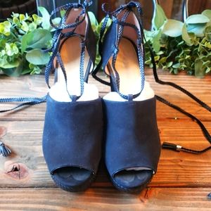 Navy blue lace up michael kors wedges